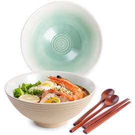 HOKELER Ceramic Japanese Ramen Bowl Set, 2 Sets Asian Pho Udon Soup Noodle Bowls with Spoons and Chopsticks (Green, 8 inches)
