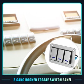 X AUTOHAUX 3 Gang Rocker Switch Panel 3 Pin on Off Pre-Wired Toggle Switch Control Waterproof Aluminum Alloy Blue LED Light Push Button for 12V 24V Silver Tone