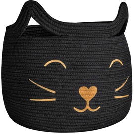 HiChen Large Woven Cotton Rope Storage Basket, Laundry Basket Organizer for Toys, Blanket, Clothes, Towels, Gifts | Pet Gift Basket for Cat, Dog - 15.7" L×11.8" H, Black