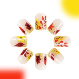 Autumn Press on Nails Short Square Fake Nails with Maple Leaf Designs Full Cover Glue on Nails Gold Glitter False Nails Fall Maple Leaves Acrylic Nails for Women Girls Nail Designs Decoration 24Pcs