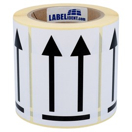 Labelident Warning Labels 74 x 105 mm - Double Arrow - Side Up - 500 Shipping Stickers on 1 Roll (s), 3 Inch (76.2 mm) Core, Paper Labels in White/Black