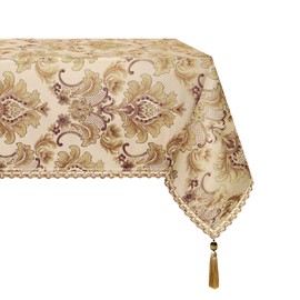 Loom and Mill Luxury Rectangle Tablecloth 60 x 84 Inches, Elegant Damask Golden Floral Waterproof Table Cover with Handmade Tassels for Dining Table Banquets Decorations(Beige, 60"x84")