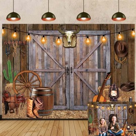 Western Cowboy Backdrop 7X5FT Wild West Rustic Wooden Barn House Photography Background for Western Cowboy Party Decoration Banner Kids Baby Shower Birthday Photo Booth (82''x60'')