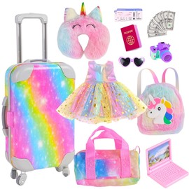 18 Inch Doll Accessories Rainbow Suitcase Luggage Travel Set - Doll Dress, Suitcase, Unicorn Backpack, Duffle Bag, Neck Pillow, Colorful Design