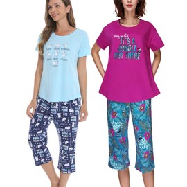 SUTPSL 2 Pack Womens Pajamas Set Cotton Short Sleeve Sleepwear Tops with Capri Pants Fun Prints Pjs(BUC+PnLeave,XXXL)