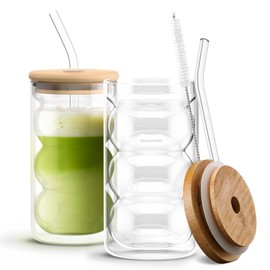 HAPPY PATH & CO. - 2 Glass Cups with Lids and Straws 16oz (480ml) | Glasses Drinking Set | Glass Tumbler with Straw and Bamboo Lid | Ribbed Bubble Glass Cups for Matcha, Coffee and Other Smoothies