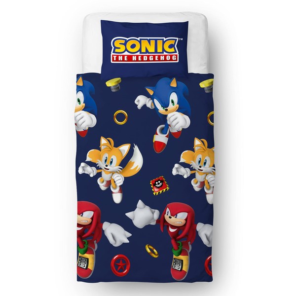 Sonic The Hedgehog Official Single Duvet Cover Set | Jump Design Reversible 2 Sided Bedding Including Matching Pillow Case | Character World Brands Gaming Single Bed Set | Polycotton