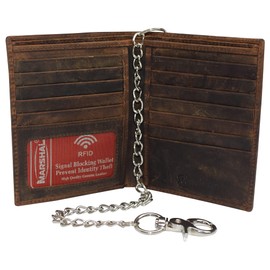 MARSHAL Vintage Leather RFID Blocking Hipster Bifold Biker Long Chain Men's Wallet (Brown with Chain)