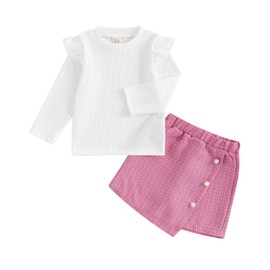 M9ppzzur7 Toddler Girls 2Pcs Fall Outfits Long Sleeve Lapel Tops + Plaid Skirt Set Baby Clothes (B# Pink, 3-4 Years)