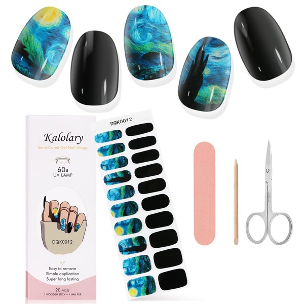 Kalolary Van Gogh's Starry Night Semi Cured Gel Nail Stickers, Starry Sky Full Wrap Nail Gel Polish Strips, Brighter and Waterproof Adhesive Real Gel Nail Polish Stickers for Birthday Gift（UV/LED Lamp Required）