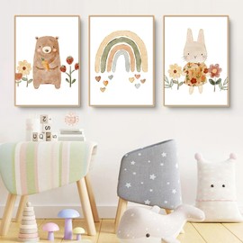 champracer Set of 3 Posters for Children's Room, Boho Decorative Pictures - Pink Flower, Sun, Rainbow Pictures, Wall Decoration, Without Frame, Boho Wall Poster (40 x 50 cm, C)