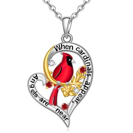 Fenthring Red Cardinal Necklace for Women Mom Mother Daughter Friend Couples Bird Necklaces Sterling Silver Heart Cubic Zirconia Long Chain