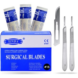 MuskalMed Pack of 100 Blades #15, Scalpel Blades for Knife Scalpel, High Carbon Steel Dermablade Blades. Individually Wrapped, Sterile + Free 2 Handle #3