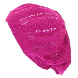 Women's Thin Light Baggy Knit Crochet Slouchy Fashionable Beret Hat Fuchsia