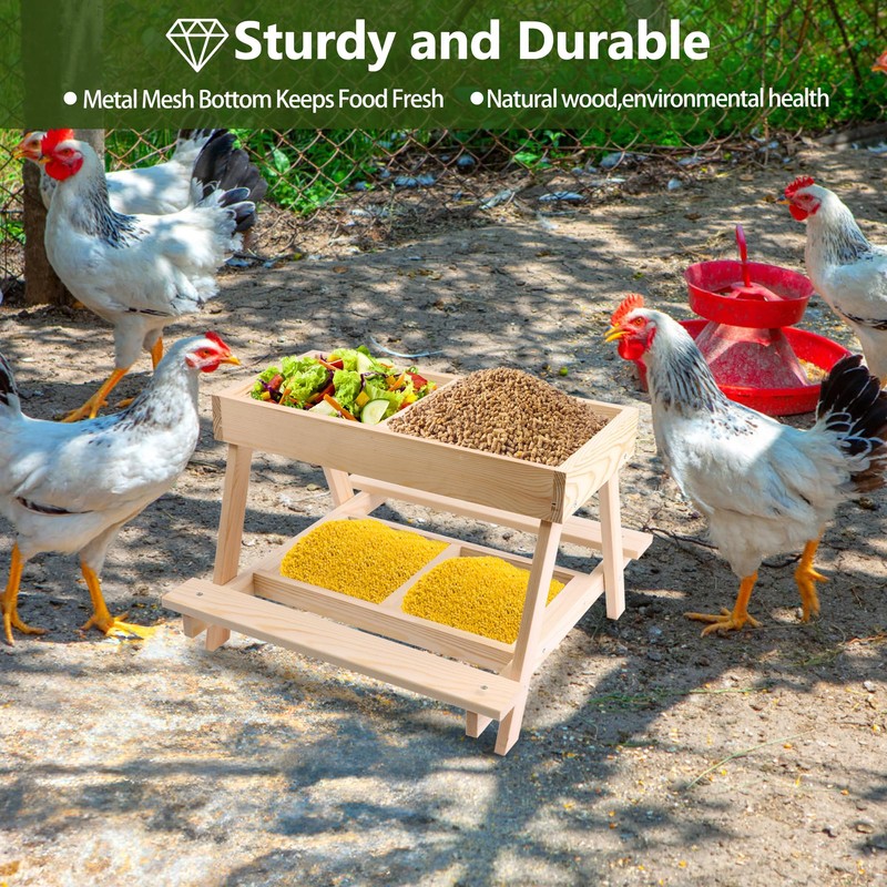Double Chicken Picnic Table, Large Capacity Wooden Chicken Feeder No