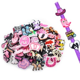 100PCS 10mmCow girl pink Straw Toppers, Cute Summer Straw topper, lovely Party Decoration for Straws, Drinking Straws toppers for Juices Summer Cocktail Hawaiian Beach Party Gift