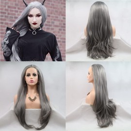 Xiweiya Smoke Grey Wig Long Ash Grey Wig Nature Wave Hair Middle Part Synthetic Lace Front Wigs For Women with heat resistant fiber Hair for women, Diablo Queen 24 Inches