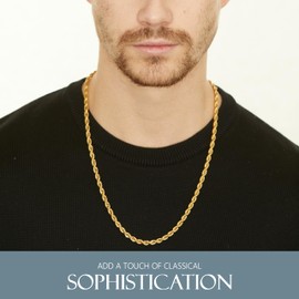 KISPER 18k Gold Hip Hop Rope Chain Necklace – 3mm Gold Plated Stainless Steel Jewelry for Women & Men with Lobster Clasp, 16"