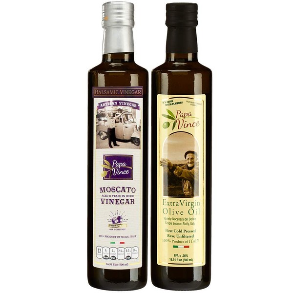 Papa Vince Extra Virgin Olive Oil & Balsamic Set - EVOO First Cold Pressed Dec 2019/20, Vinegar Aged 8-years in wood made by our family in Sicily, Italy, KETO, PALEO, VEGAN - 16.91 oz each