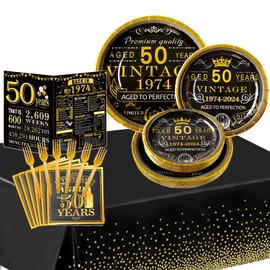 50th Birthday Party Tableware Set,Back in 1974 50th Birthday Party Supplies Decorations,Include 1974 Anniversary Card,Tablecloth and Plates, Forks,Napkins 24 Guests for Men