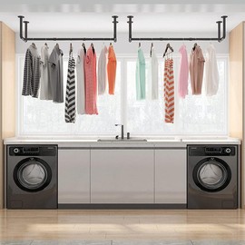 ZZBIQS Industrial Pipe Clothes Rack Set of 2, 40 inch Wall Mounted Clothing Rack, Space-Saving Hanging Closet Rod, Heavy Duty Multi-Purpose Garment Rack for Laundry Room(4 Bases), Black Metal Accessory Hanger Iron Steel Hangable Installation - Size: Quad