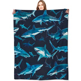 VODRM Blue Shark Blanket,Vibrant Deep Sea Sharks Throw Blankets,Gifts for Kids & Marine Life Lovers,Lightweight Soft Fleece,for Picnic Sofa Couch Bed Room Travel,Birthday Decor,50x60in