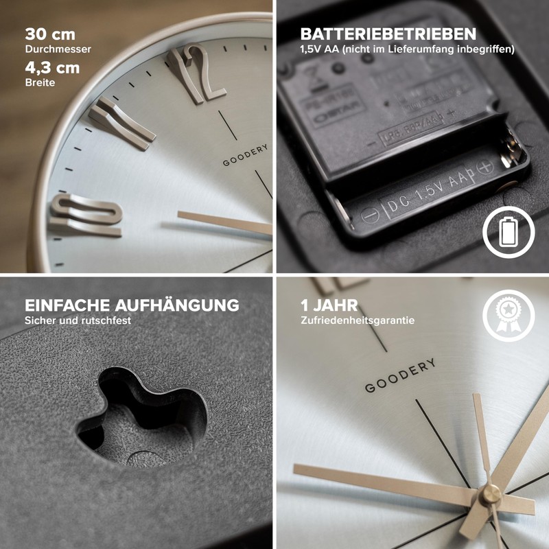GOODERY Radio-Controlled Wall Clock, Diameter 30 cm, Quiet 3D, Large,