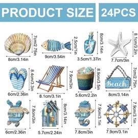 Pack of 24 Ocean Beach Wooden Ornaments, Wooden Decorations for Maritime Decoration, Hawaiian Party Decoration, Fishing Net Decoration, Natural Wooden Hanging Decoration for Mini Fishing Net, Wall