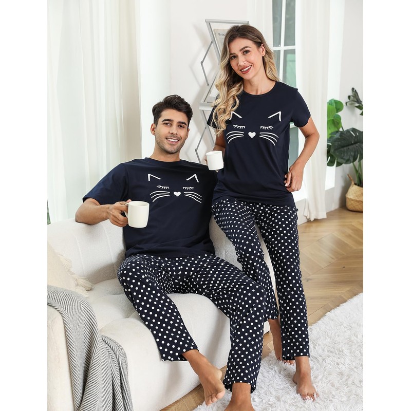 EISHOPEER Women's Cute Cat Pinted Pajama Set Short Sleeve Top