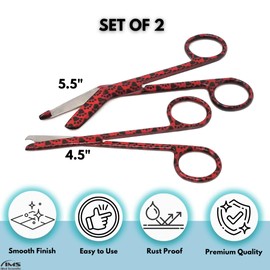 2Pcs Vet Tech Nurse Scissors Set Includes Lister Bandage Scissors + Suture Stitch Scissors Multifunction Stainless Steel Colorful Pattern Nursing Appreciation Week Gift (Red Black Paws)
