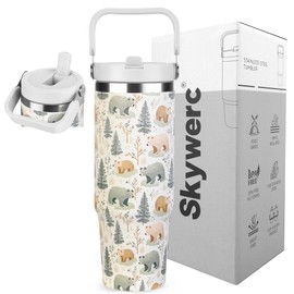 Skywerc 30 oz Tumbler with Handle and Flip Straw, Triple-Wall Vacuum Insulated Water Bottle, Leakproof Reusable Travel Mug for Home, Outdoors, Fit in Car Cup Holder, Cold for 30 Hrs(Forest Bear)