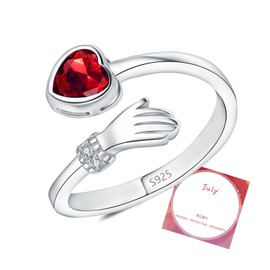 DOA Adjustable Sterling Silver Open Rings for Women, Hug July Birthstone Rings Women, Red Thumb Ring with Cubic Zirconia