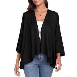 PrinStory Womens Cardigans Lightweight 3/4 Sleeve Ladies Cardigans Elegant Flowy Open Front Outerwear High Low Hem UK 14-16 (Black, L)
