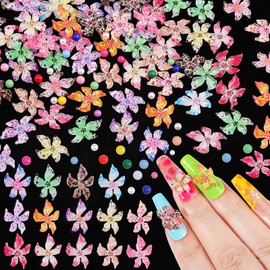300Pcs Flower Nail Charms Kit, 100Pcs 3D Hawaii Flowers and 100Pcs Nail Pearls with 100Pcs Macaron Beads, Colorful Hibiscus Floral Charms Tiny Gems Round Beads for Nails Designs DIY Crafts (Kit 1)