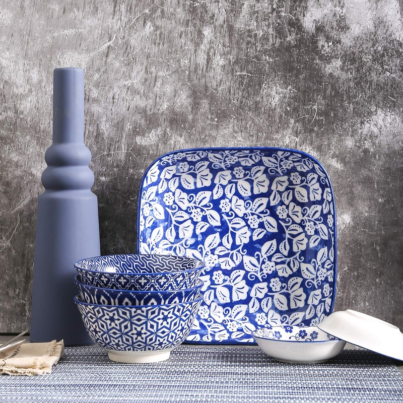 Selamica Porcelain 8-inch Square Dinner Plates, Salad Pasta Bowls, Set