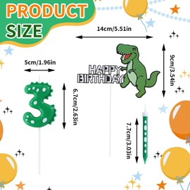 Dewocke Birthday Number Candles, Dinosaur Green Birthday Candles, 8 Green White Candles and 1 Happy Birthday Dinosaur Plugin, for Dinosaur Theme Party Birthday Decoration Supplies(Number 3)