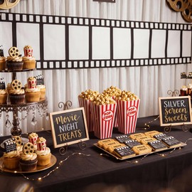 SmoothNovelty 2 Pcs 78"x12" Filmstrip Tape Banners Movie Themed Party Decorations Black and White Film Reel Porch Sign Fabric Movie Night Prop Backdrop Home Theater Decor with Hanging Rope Glue Point