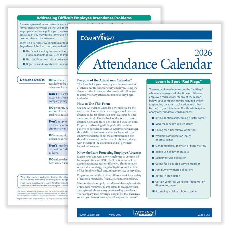 ComplyRight 2026 Attendance Calendar Card, White, Pack of 50