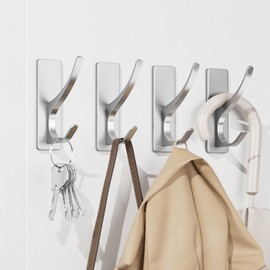 Self-Adhesive Coat Hooks for Hanging - Heavy Duty Stainless Double Wall Hook for Towel, Backpack, Hat, Sturdy Metal Hanger for Bathroom, Bedroom, Door, Wall Mounted, 4-Pack, Silver, New