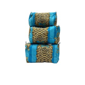 Cotton Hand Block Floral Print Toiletry Bag for Women Make Up Cosmetic Bag Jewelry Organizer Kit Storage Bag Case Travel Accessories Essentials Toiletries Purse Open Pouch Set of 3, DEISGN-8, Tiger