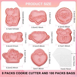 WUXTANGZ Love Cookie Cutters, 8PCS Heart Cookie Stamps and 100PCS Cookie Treat Bags Set, Plastic Cookie Press Cookie Mould Kitchen Tools for Party Wedding, Anniversary, Valentine's Day (Heart B)
