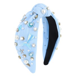 Jaciya Mermaid Blue Headband Wide Knotted Headbands for Women Girls Starfish Head Band Mermaid Birthday Party Decorations