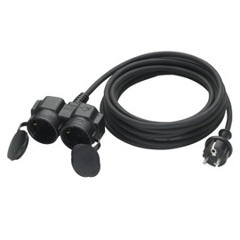 Verlängerungskabel Outdoor 5m mit 2 Schuko-Steckdosen, Gummi Doppel-Verlängerung 3500W mit Schutzkappe für den Außenbereich IP44, Stromkabel H05RR-F 3G1,5mm² mit Doppelsteckdose, 16A/250V, Schwarz