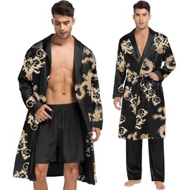 SWOMOG Men's 3 Pcs Robe Silk Satin Kimono Bathrobe with Shorts&Pants Set Lightweight Soft Sleepwear