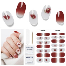 DUKASOU Semi Cured Gel Nail Strips | 28 pcs Gel Nails Strips Work with Any UV Lamps, Long Lasting UV Nail Stickers for Women DIY Nails Wraps(Red Crowned Hue)