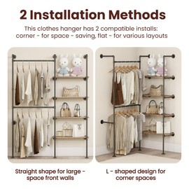 DABILONGC Industrial Pipe Clothing Rack, Heavy Duty Adjustable Garment Hanger with Shelves, 2 Installation Methods Closet Storage System for Wardrobe Organization (Black, 80" H x 55" W)