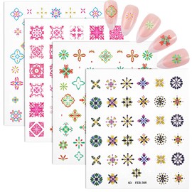 CRASPIRE 4 Sheets Boho Nail Art Stickers 5D Embossed Pink Vacation Bohemian Style Nail Design Stickers Self Adhesive Relief Sticker for Charms Design for Women DIY Manicure Nail Accessories Decoration