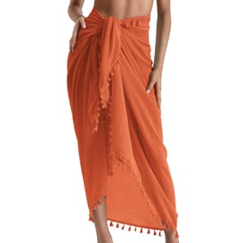 Eicolorte Beach Sarong Pareo for Women Swim Bathing Suit Bikini Cover Ups Wrap Skirt (Orange-Long)