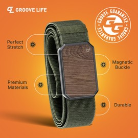 Groove Life Groove Belt OG Walnut/Base Camp Green - Men's Stretchable Nylon Belt with Magnetic Buckle - Adjustable and Comfortable for Fitness, Outdoor, and Everyday Wear - Size X-Large (41-50")