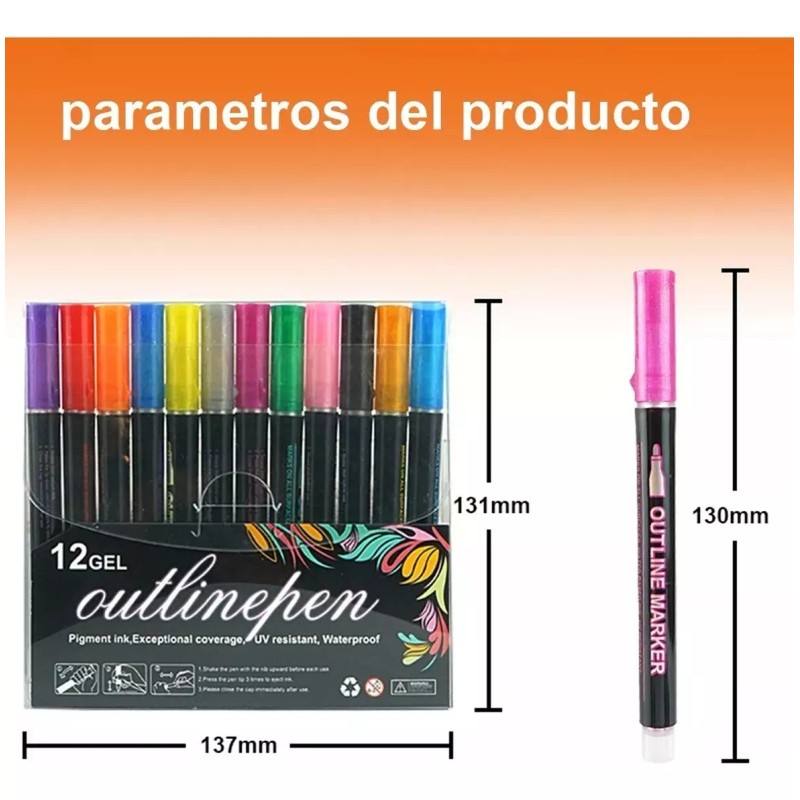 KFMX Plumones De Contorno Metálicos Doble Linea 12 Colores
